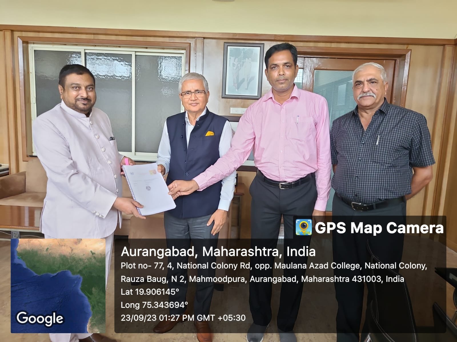 Principal Dr. Mazhar Ahmad Farooqui presenting Complete report of Consortium for District Eco-SDG Championship 2023 (HEI's) to the Chairman Farhat Jamal Sahab, Also present are Brig. Karla and Coordinator Dr. Ashfaque Khan.