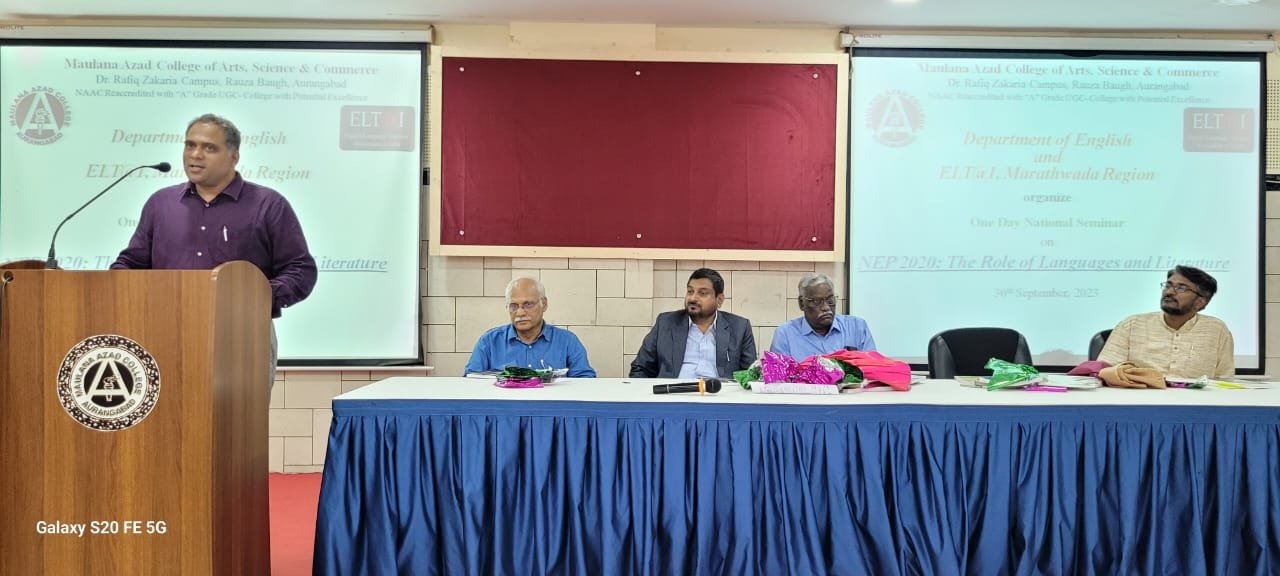 The Department of English has organised a National Seminar in association with ELT@I (English Language Teachers' Association) on 30th September, 2023. Dr Shaikh Kalimoddin Rashid, Associate Professor & Head, Department of English has worked as a Convener of this event under the guidance of Hon'able Principal, Dr.Mazhar Ahmad Farooqui