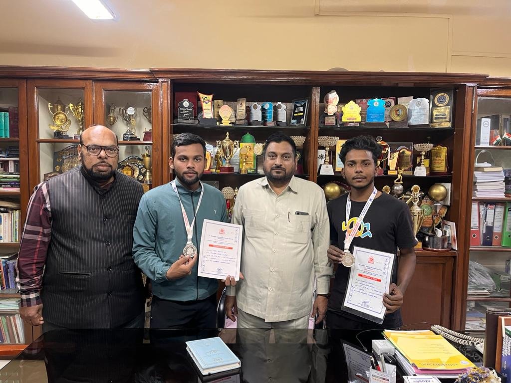 Principal Dr.Mazahar Ahmed Farooqui felicitated Syed Rizwan Ali B.A.II year and Mohammed Ibrahim B.Com.3rd year for being awarded Silver Medal in Dr.BAMU ICT Taekwondo Competition 2023-24