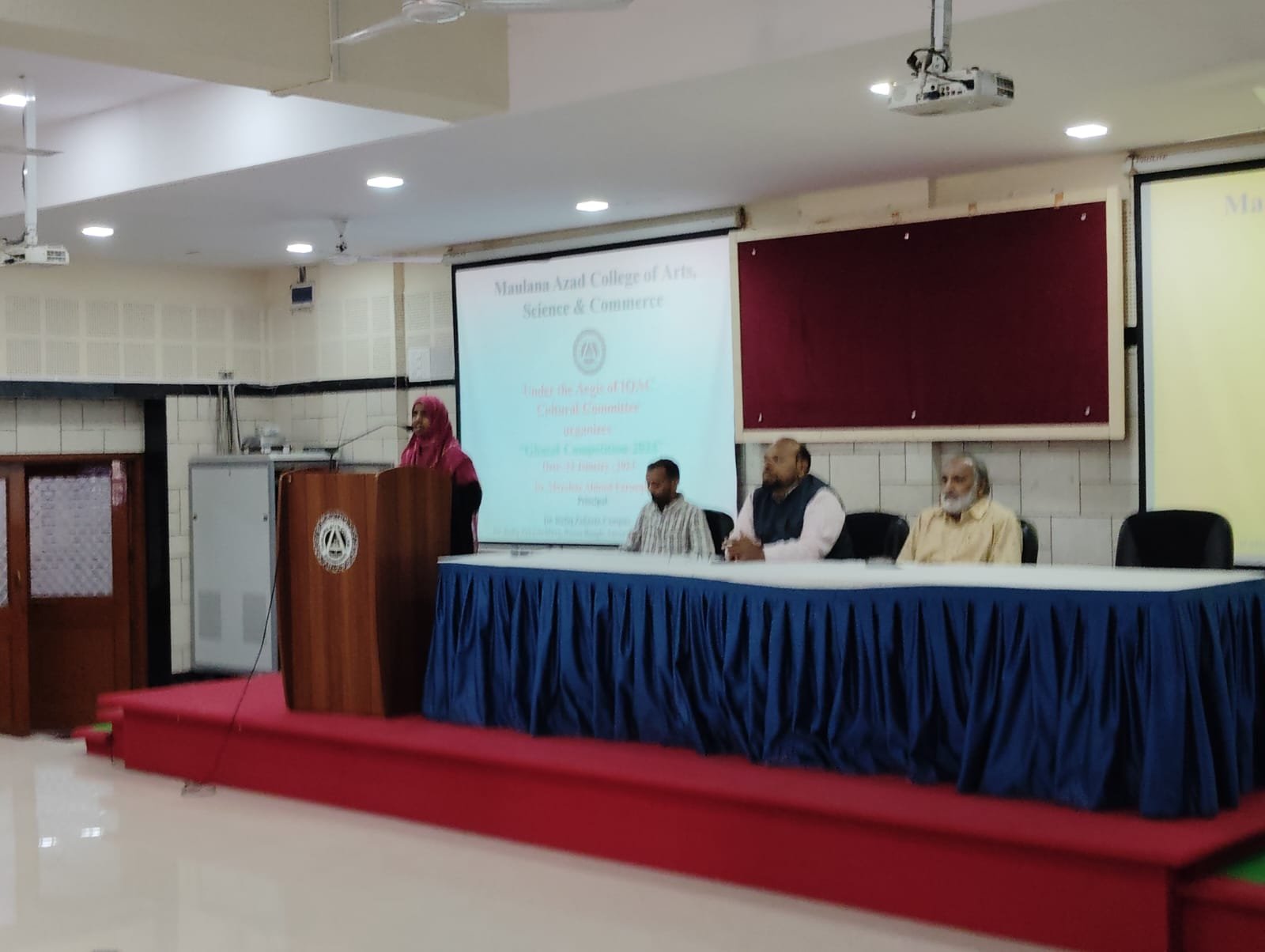 Cultural Event Committee organized Ghazal Singing Competition for students  on 13-1-24 at 11am  under the guidance of Principal Dr. Mazahar Ahmad Farooqui in seminar hall. Vice principal Dr. M.A. Bari,Committee incharge Prof. Rafiuddin Naser. IQAC Coordinator Prof. Aditi Bhattacharya, Prof. J. D. Shaikh and Dr. Siddarth Parkhre worked as a judge In the competition. Dr. Abdul Rab ,Dr. Tarannum shaikh Dr. Ayesha,Dr. Naveed Quazi ,Dr. Sk.Akhil, Dr. Iliyas Ansari, Mrs. Mahejabeen N.S., Mrs.Naseema, MS SabreenaYameen was present. 16 competitors presented their ghazals while more than 80 students enjoyed the competition.