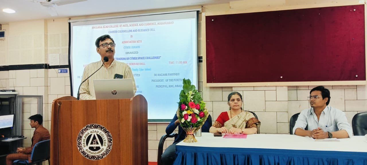 Under the guidance of Principal Dr Mazahar Ahmed Farooqui and in presence of Vice Principal Arif Pathan Sir Career counseling and Guidance Cell successfully organized Hands on training on cyber space challenges today 21st Jan 2025. Speaker Hashmat Khan explained the ways to enhance cyber security in a simple and lucid language. 81 participants attended the program. Members of  Career counselling and Guidance Cell  Dr Madhuri Sahasrabudhe, Dr Sadikali Shaikh , Mrs Ayesha Sultana and Mr Zeeshan took efforts for the success of the program. First year student Umaimah moderated the program, Mrs Ayesha Sultana proposed vote of thanks.