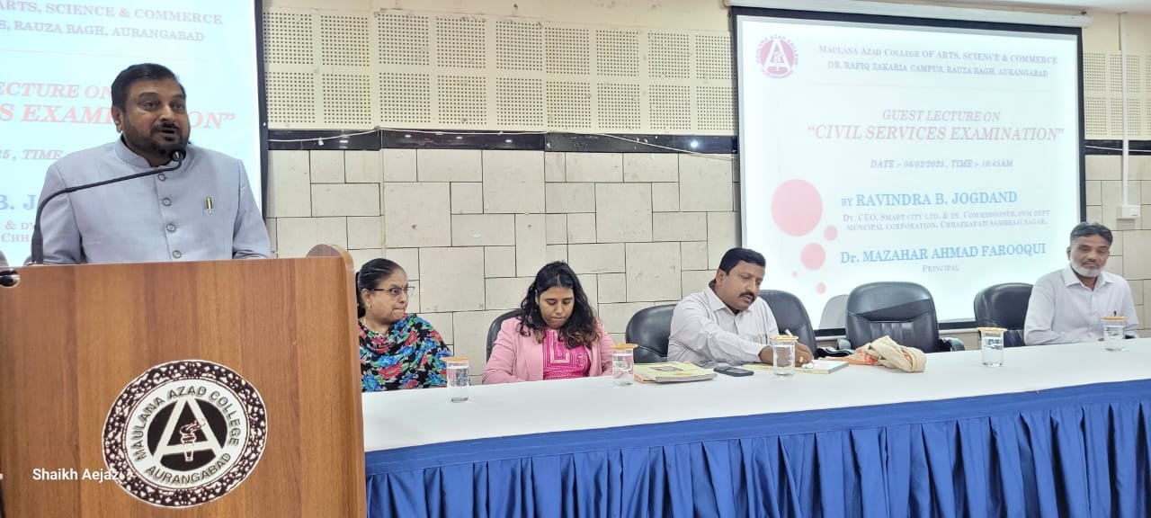 Guest Lecture on Civil Services Examination Guidance by Mr. Ravindra Jogdand  Aurangabad, February 4, 2025: A highly informative guest lecture on Civil Services Examination Guidance was held today at Maulana Azad College of Arts, Science, and Commerce, Aurangabad, organized by the Department of Arts. The lecture featured Mr. Ravindra Shanta Bapurao Jogdand, the Deputy CEO of the Smart City Development Corporation, Aurangabad, and Deputy Commissioner for Solid Waste Management.  The event was graced by the presence of Principal Dr. Mazhar Ahmed Farooqui, along with Dr. Arif Pathan, Vice Principal of the Senior College, and Shaikh Abbas, Vice Principal of the Junior College. The media analysis for the event was handled by Arpita Sharad Madam.  The program coordinators, Dr. Azhar Patel Sir, Dr. Azhar Zafar Sir,  Uzair Khan Sir,  Akbar sir, Asif patel sir  and Rais sir ensured the smooth execution of the event, which was well-attended by students aspiring to join the civil services. Mr. Jogdand shared his extensive experience in public service, providing invaluable guidance on exam preparation strategies, time management, and the importance of staying updated with current affairs.  The lecture concluded with a lively Q&A session, where Mr. Jogdand offered personalized advice to the students, motivating them to pursue their goals with dedication and persistence. The event was a great success, leaving students inspired by the speaker’s knowledge and experience.