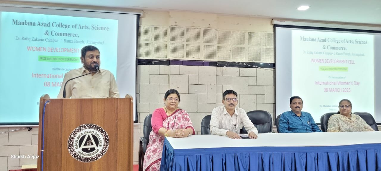 Prize Distribution Program by Women Development Cell , Maulana Azad College of Arts Science and Commerce on International Women’s Day  The Women Development Cell (WDC), under the guidance of Principal Dr. Mazahr Ahmed Farooqui, organized a prize distribution program to celebrate International Women’s Day. The event recognized winners of various competitions, including painting, mehendi, drawing, bead jewelry making, cooking, and calligraphy.  The program was presided over by Principal Dr. Mazahr Ahmed Farooqui, with Vice Principal Dr. Afir Pathan, IQAC Coordinator Dr. Aditi Bhattacharya, and P.G. Incharge Prof. Prashant Netankar as esteemed guests. In his presidential address, Dr. Farooqui appreciated the efforts of WDC and extended his best wishes on the occasion.  The event was smoothly conducted by Dr. Ayesha Sultana, while Dr. Samreen Farooqui announced the prizes. WDC Incharge Dr. Syed Ummul Khair Asema delivered the vote of thanks. The dedicated efforts of Dr. Shaikh Tarannum, Dr. Afroz Begum, and Dr. Shazia Mirza contributed to the success of the program.