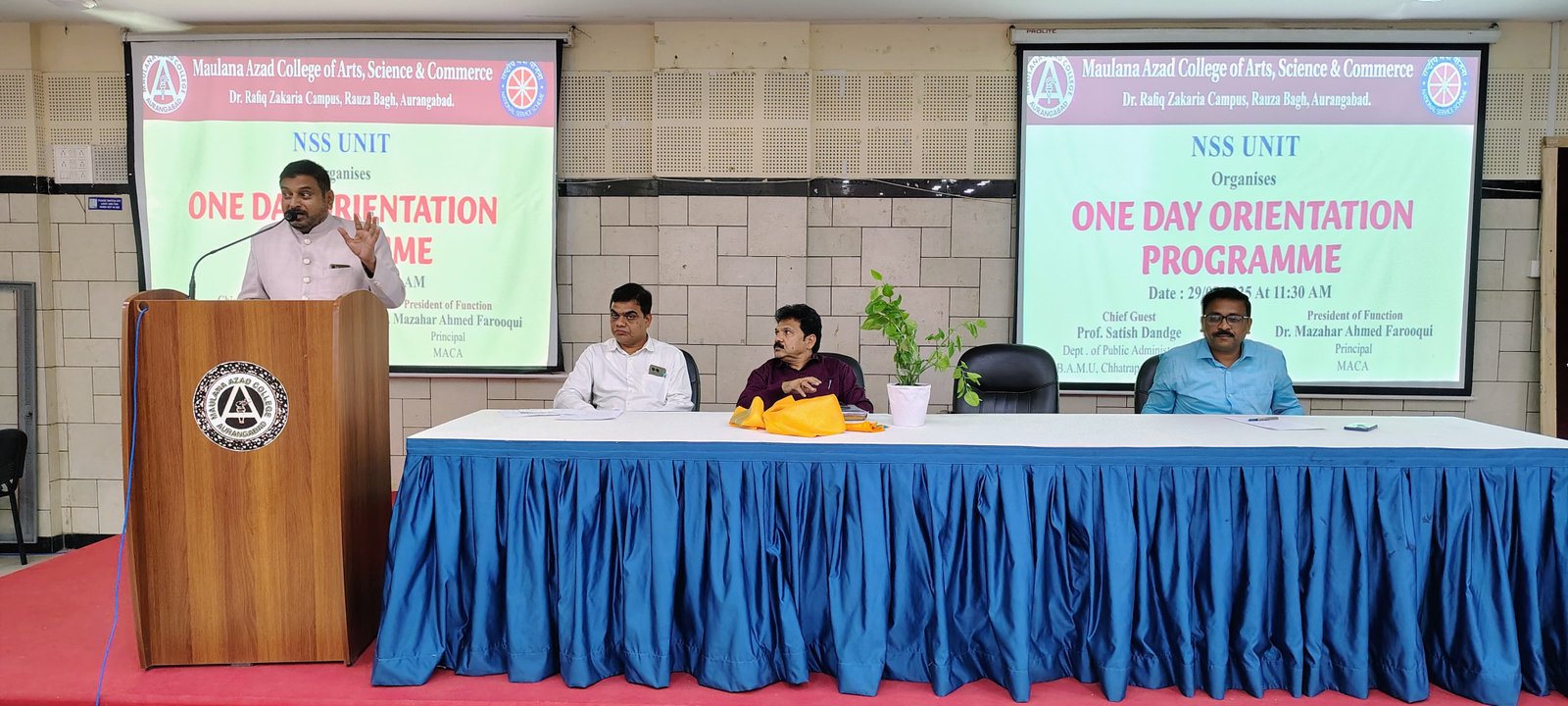 The NSS Unit of Maulana Azad College of Arts, Science, and Commerce in Aurangabad organized a one-day orientation program for NSS volunteers. The event featured Chief Guest  Dr. Satish Dandge, Professor of Public Administration at Dr. B.A.M.U. Aurangabad, who delivered a lecture on the role of NSS and youth.  Key highlights of the program   - 106 NSS volunteers attended the programme. - A presidential address by Principal Dr. Mazhar Ahmed Farooqui sir - Distribution of Run Red Ribbon Marathon Rally Certificate which was organised by MSACS, Mumbai  to the NSS volunteers   The program aimed to introduce volunteers to the NSS philosophy, promote community service, and foster leadership skills among the youth.