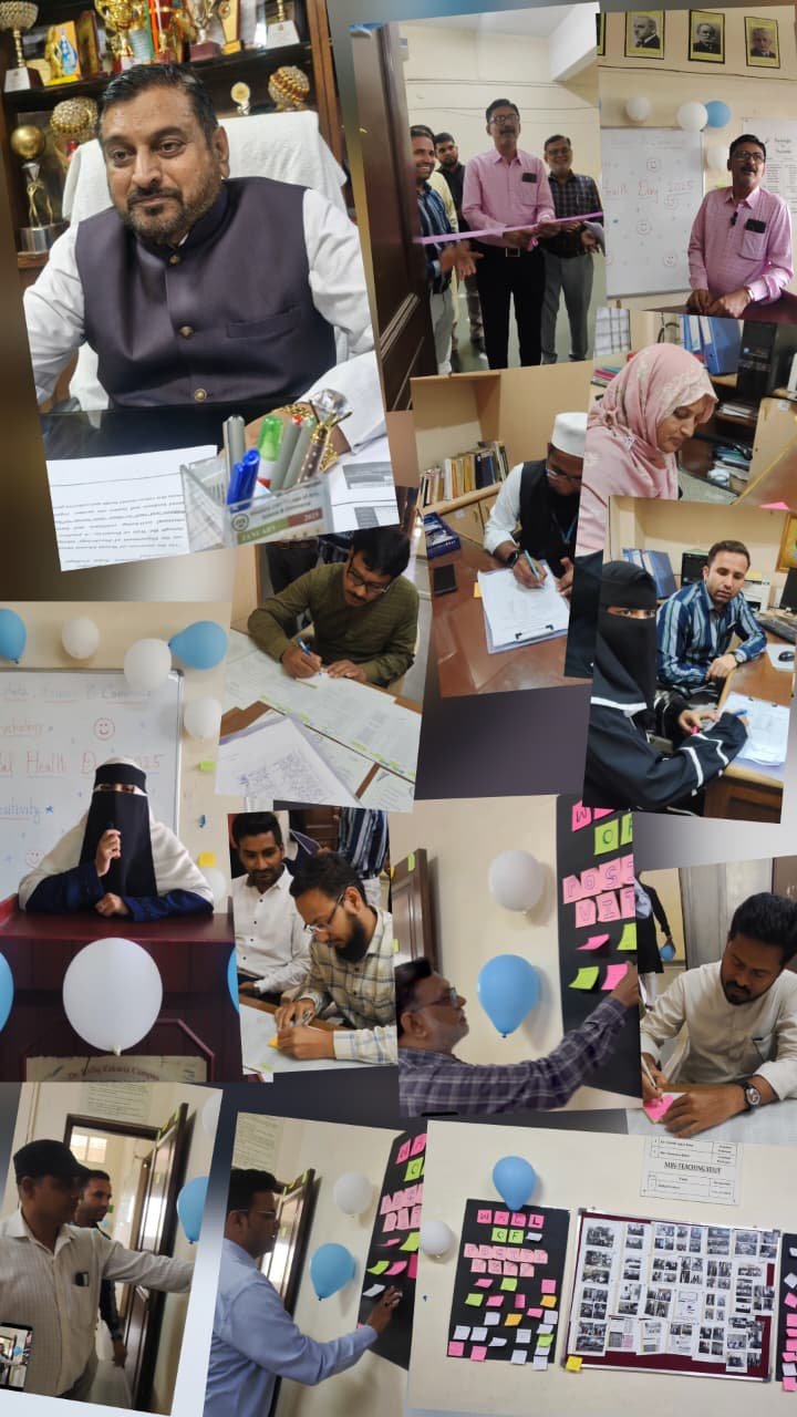 Maulana Azad College of Arts, Science & Commerce, Aurangabad. ? Department of Psychology ? World Mental Health Day 2025 ?  The Department of Psychology proudly organized the “Wall of Positivity” to celebrate World Mental Health Day 2025. Students and faculty shared their inspiring thoughts and positive messages, spreading hope, happiness, and awareness about the importance of mental well-being. ?  A heartfelt thanks to Principal Dr. Mazhar Ahmed Farooqui for his constant guidance and encouragement, and to Vice Principal Dr. Arif Pathan Sir for graciously inaugurating the event. ?  Together, we continue to build a campus filled with kindness, gratitude, and positivity! ?  #WorldMentalHealthDay #WallOfPositivity #MentalHealthAwareness #StayPositive #PsychologyDepartment #MaulanaAzadCollege #Aurangabad #PositiveMindPositiveLife