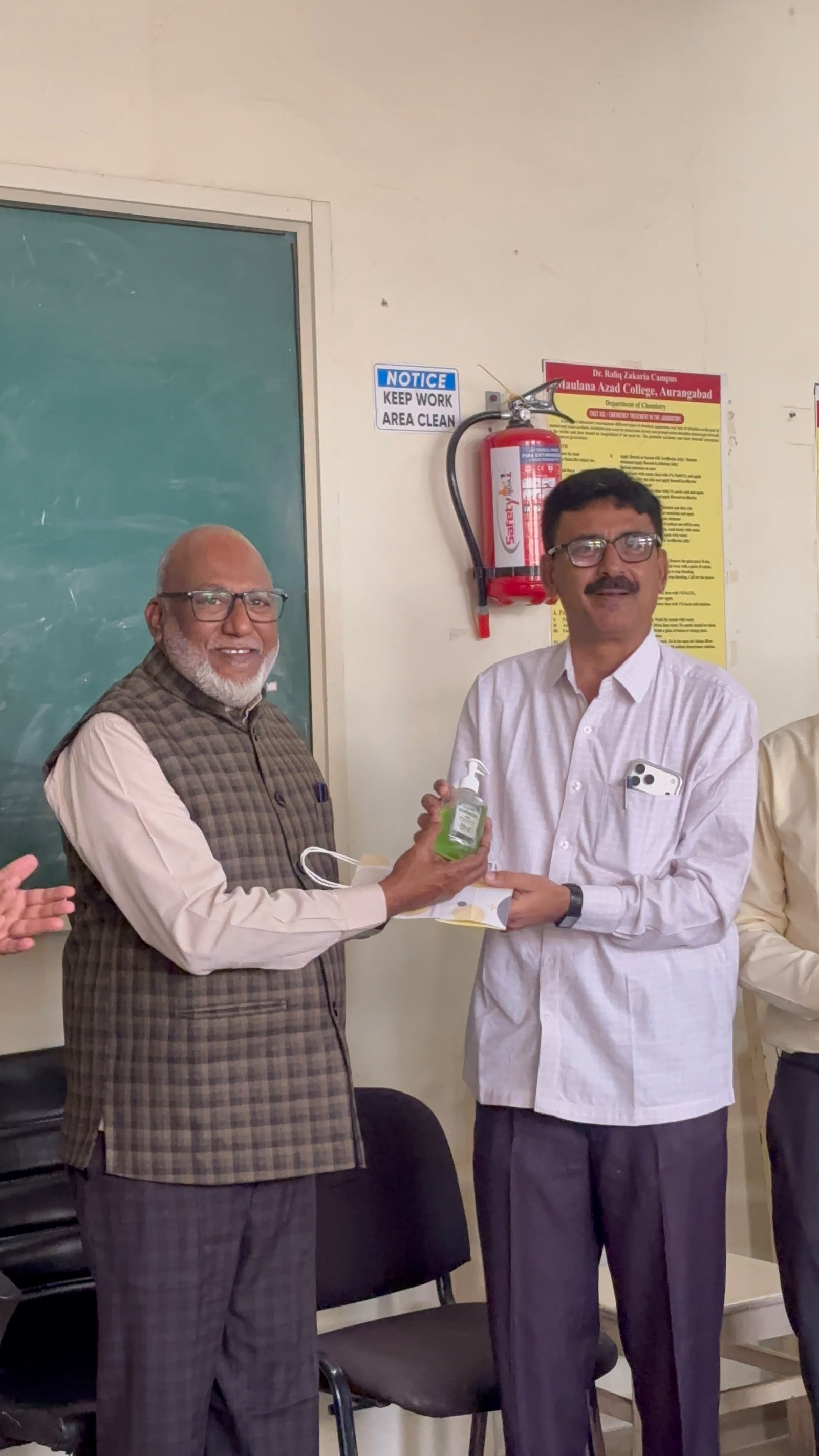 “FROM SKILLS TO EARNINGS” – HANDWASH-MAKING WORKSHOP  The Department of Chemistry, Maulana Azad College of Arts, Science and Commerce, Chh. Sambhajinagar (Aurangabad) organised a workshop on “From Skills to Earnings” – Handwash Making on 5 October 2026, under the guidance of the Principal, Dr. Maqdoom Farooqui.  The workshop was inaugurated at the auspicious hands of Principal Sir. In his presidential address, he emphasised the importance of “earning while learning” and encouraged students to acquire practical skills to become self-reliant, independent and capable of creating their own earning opportunities. He appreciated the Department of Chemistry for undertaking such a meaningful and innovative activity and highlighted the importance of converting knowledge and skills into opportunities for livelihood and entrepreneurship.  A total of 38 students registered for the workshop and successfully learned the preparation of different varieties of handwash, including Aloe Vera & Neem, Orange, Lavender and Lemon. The hands-on training provided students with a valuable practical skill and introduced them to the possibility of developing it as an income-generating activity.  The workshop was convened by Prof. Syed Ummul Khair Asema and coordinated by Dr. Shazia Mirza. Prof. J. D. Shaikh, IQAC Coordinator, and Prof. Arif Pathan, Vice Principal and HOD, Department of Chemistry, were also present and encouraged the students. All UG and PG Chemistry faculty members attended the programme.  As a follow-up activity, the handwash prepared by the students will be put on sale on 6 October 2026, from 11:30 a.m. to 1:30 p.m. at the Department of Chemistry. Students and staff are invited to visit the department and support the initiative by purchasing the herbal and safe handwash products prepared by the students.  The workshop successfully promoted skill development, entrepreneurship, self-reliance and the concept of earning while learning.
