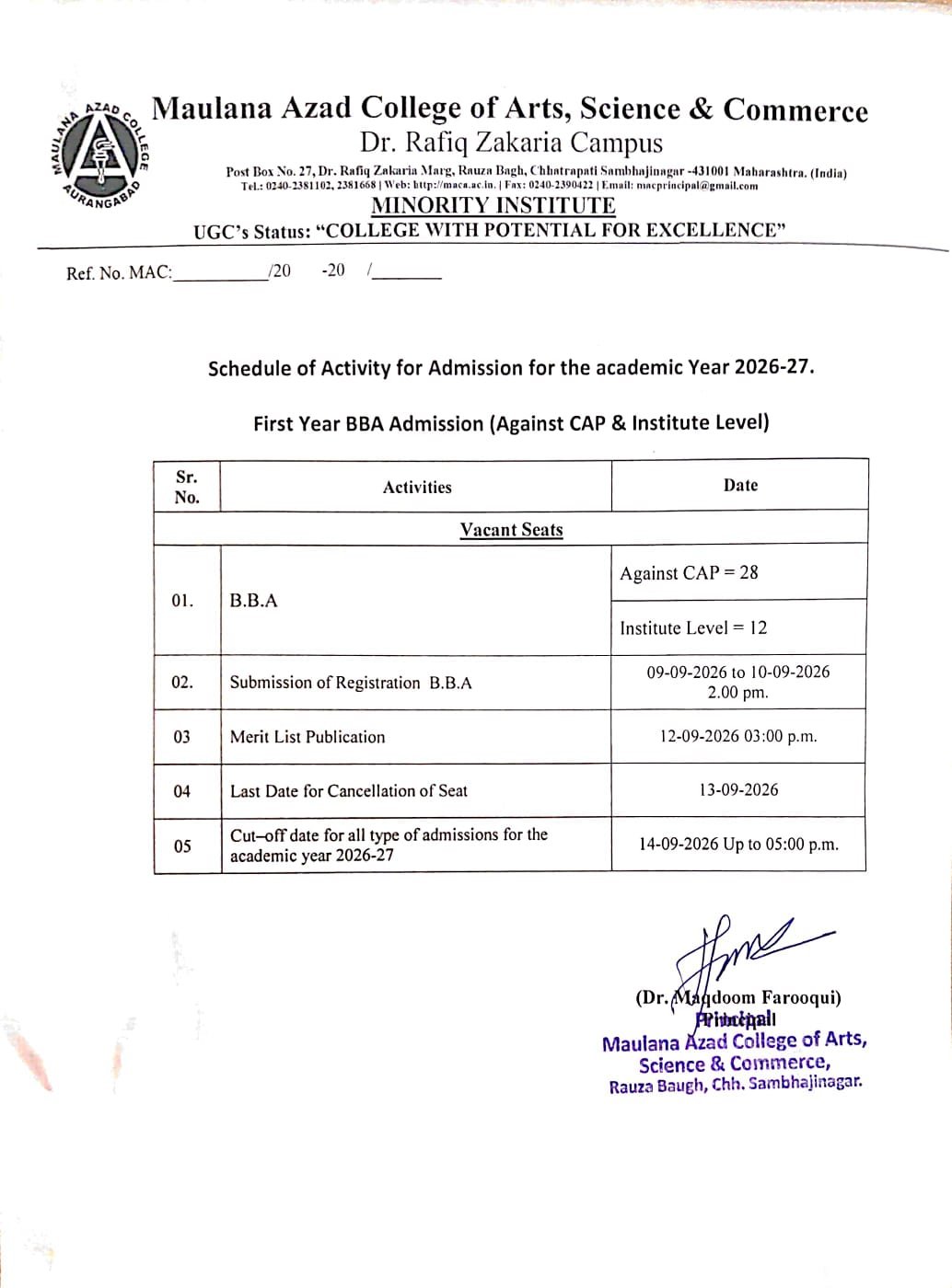Admission Notification of BBA BCA 2026-27