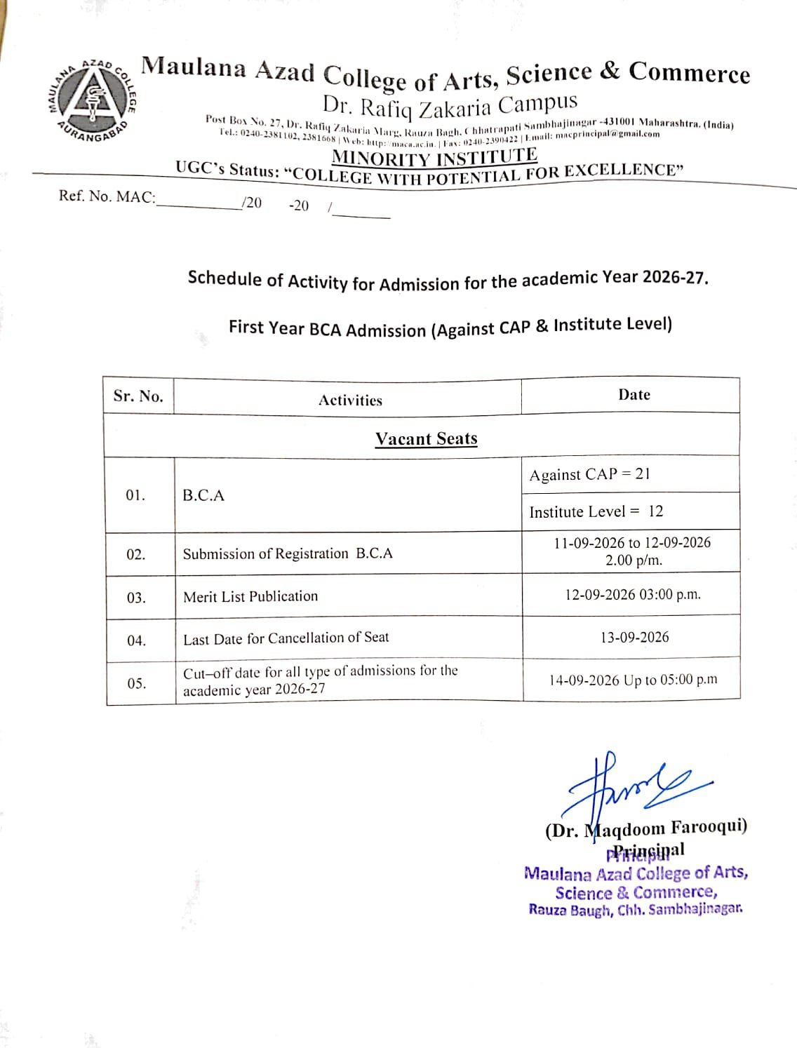 First Year BCA Addmission Institute  Level against CAP and 